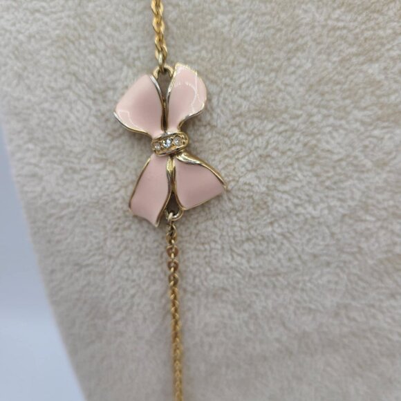J Crew Pink Enamel Long Bow Station Necklace with small Clear Crystals - Picture 11 of 12